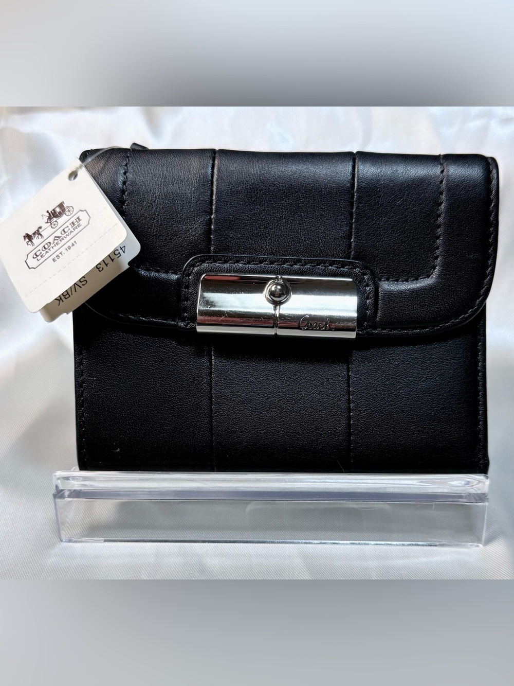 Coach Black Leather Compact Wallet with Silver Hardware